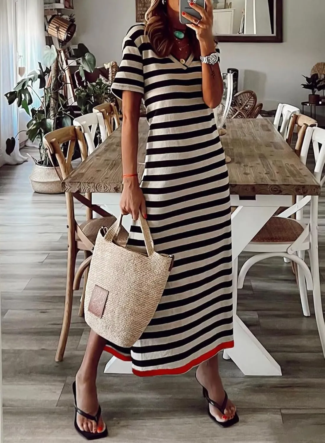 Wkior Women's Summer Maxi Dress Loose Casual Long Dress Color Block Short Sleeve Split Maxi Dresses(S-2XL)