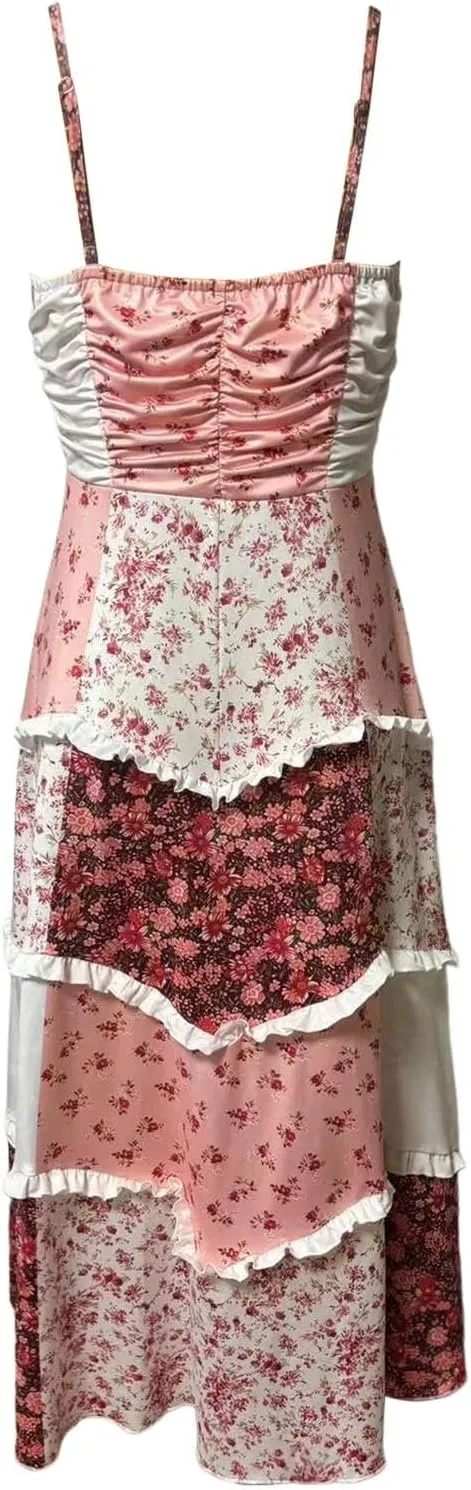 Women Boho Tie Shoulder Maxi Dress Y2K Floral Smocked Long Dresses Sleeveless Flowy Summer Beach Sundress