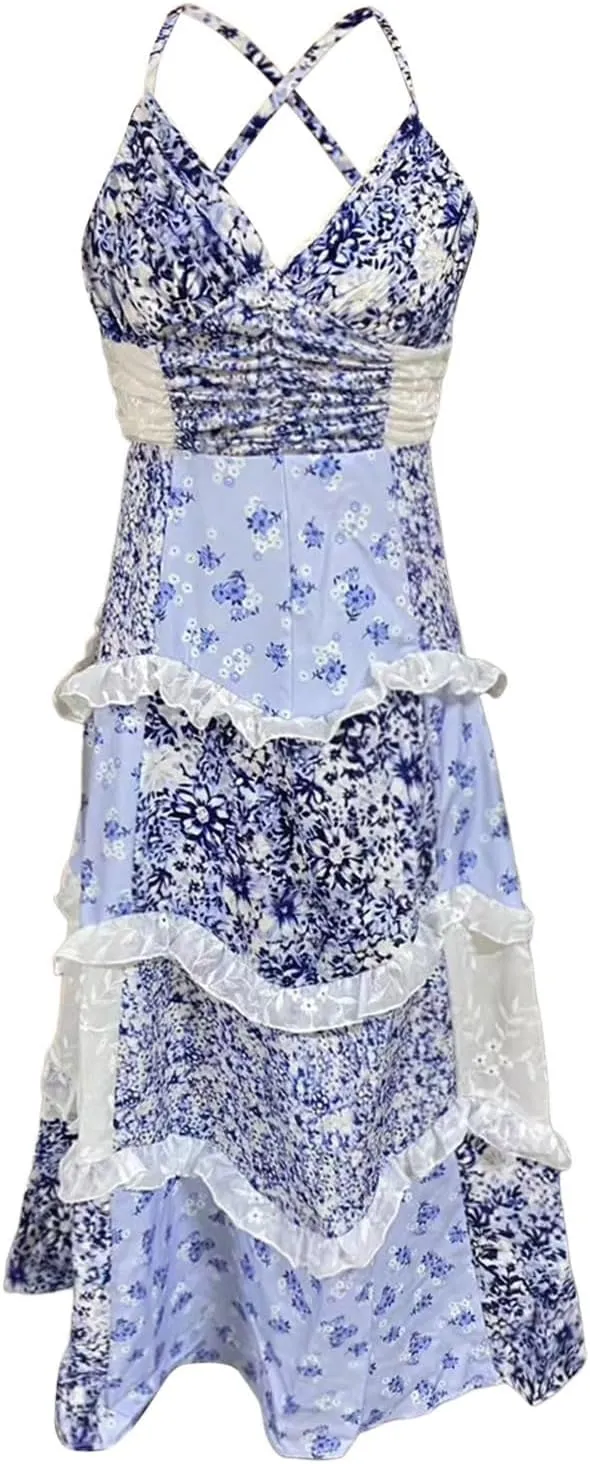 Women Boho Tie Shoulder Maxi Dress Y2K Floral Smocked Long Dresses Sleeveless Flowy Summer Beach Sundress