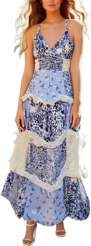 Women Boho Tie Shoulder Maxi Dress Y2K Floral Smocked Long Dresses Sleeveless Flowy Summer Beach Sundress
