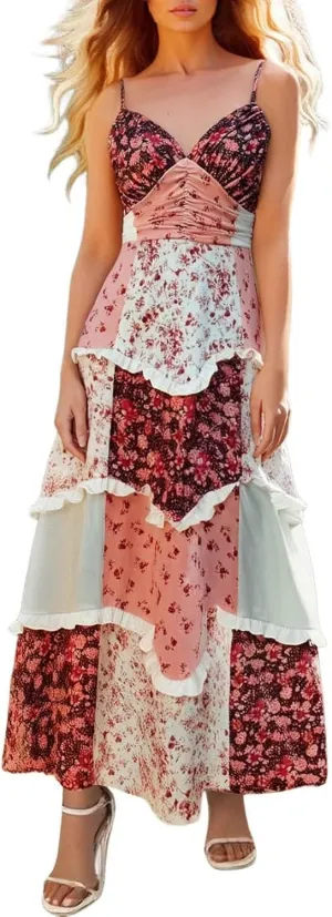 Women Boho Tie Shoulder Maxi Dress Y2K Floral Smocked Long Dresses Sleeveless Flowy Summer Beach Sundress