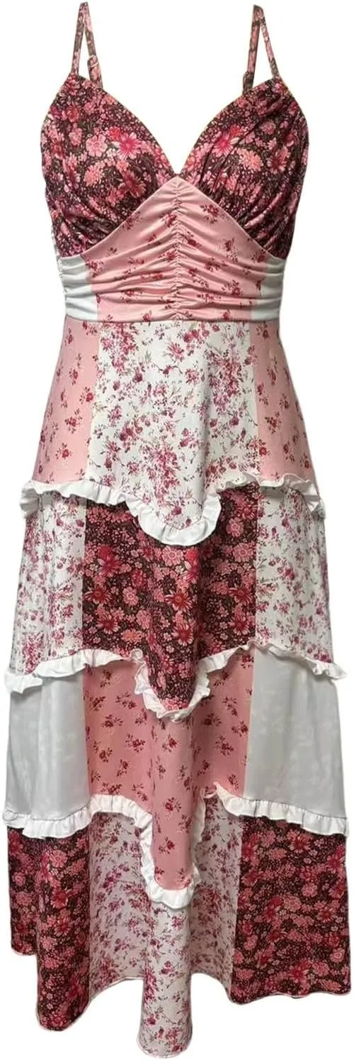 Women Boho Tie Shoulder Maxi Dress Y2K Floral Smocked Long Dresses Sleeveless Flowy Summer Beach Sundress