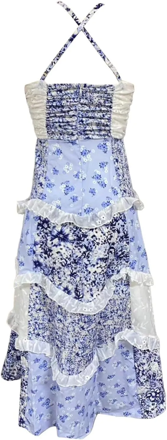 Women Boho Tie Shoulder Maxi Dress Y2K Floral Smocked Long Dresses Sleeveless Flowy Summer Beach Sundress