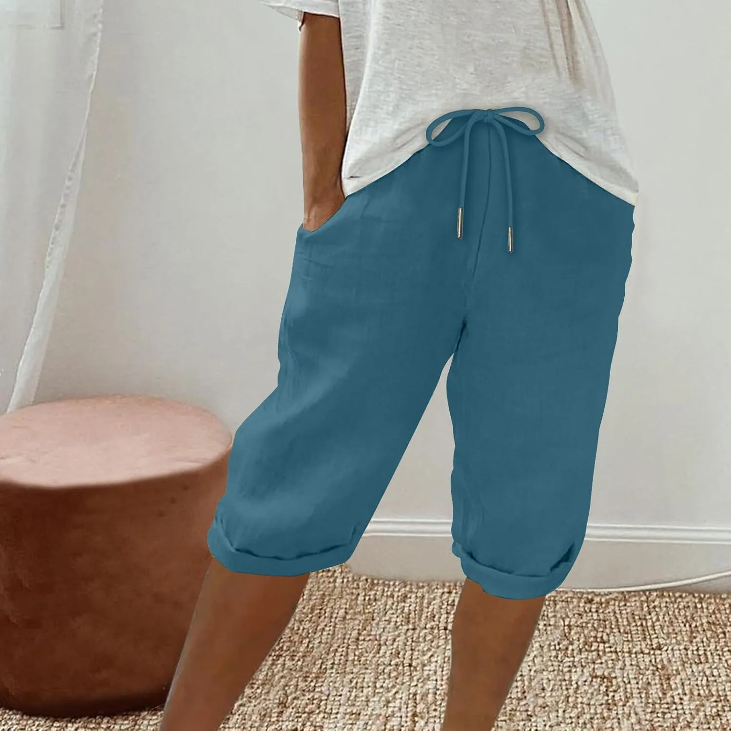 Women Cotton Linen Shorts Summer Knee Length Shorts High Waisted Bermuda Beach Capris Lounge Short Pant with Pocket