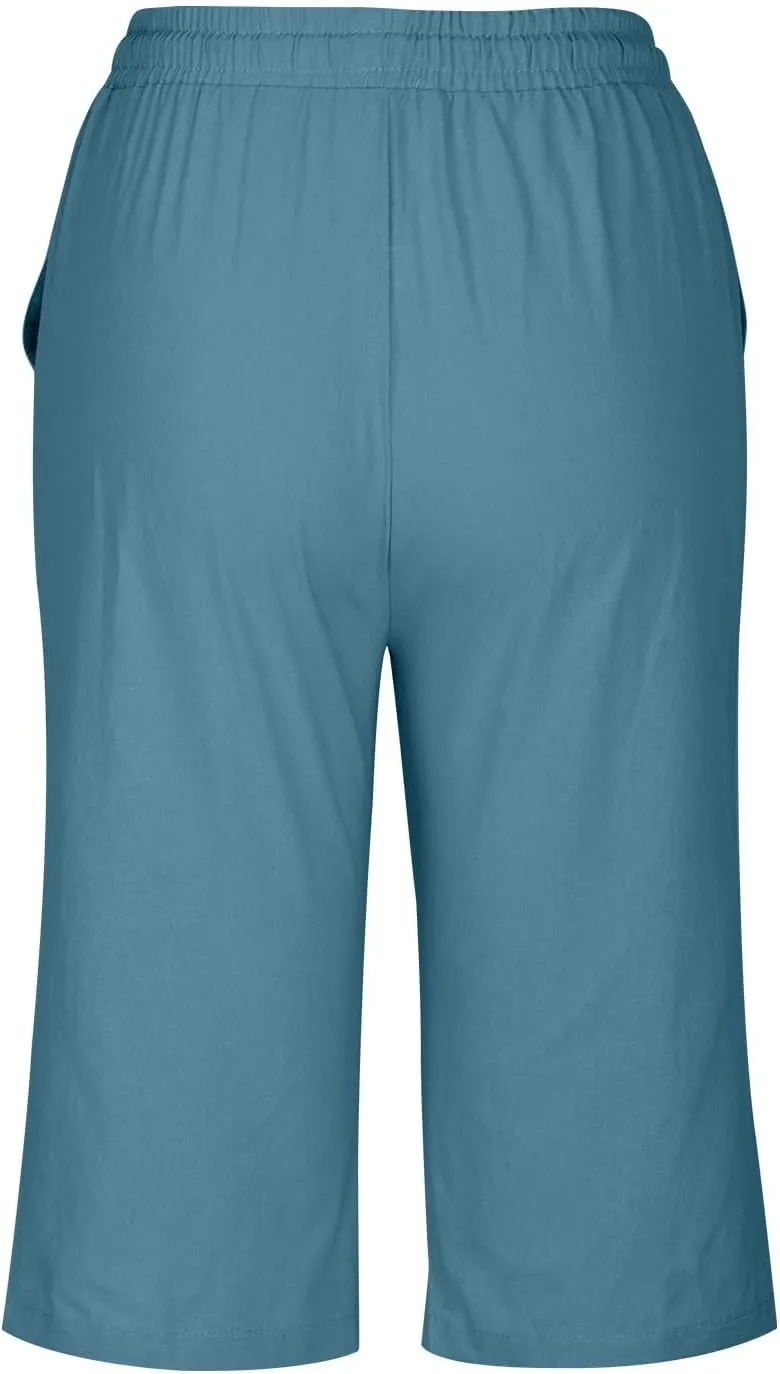 Women Cotton Linen Shorts Summer Knee Length Shorts High Waisted Bermuda Beach Capris Lounge Short Pant with Pocket