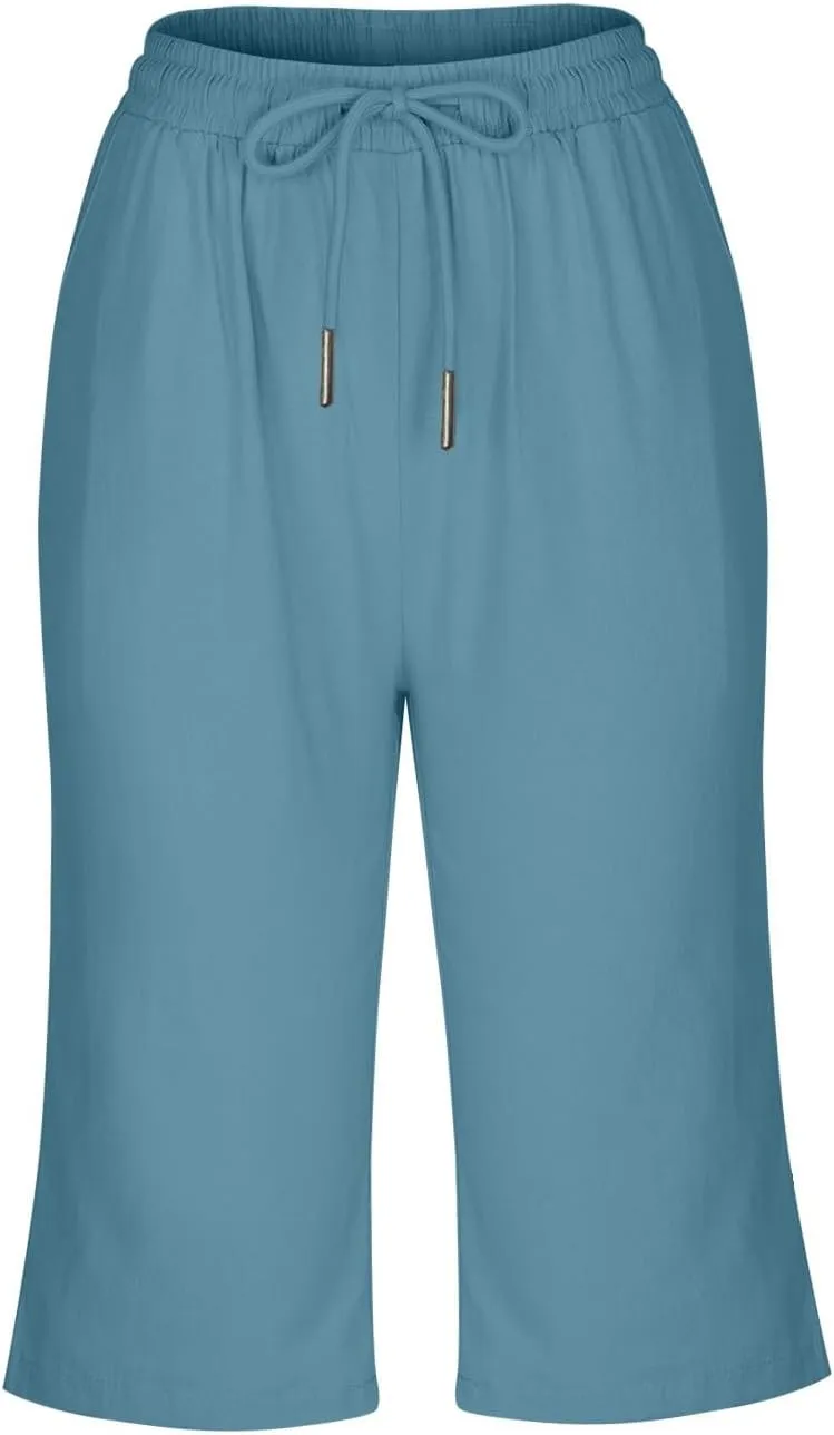 Women Cotton Linen Shorts Summer Knee Length Shorts High Waisted Bermuda Beach Capris Lounge Short Pant with Pocket