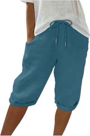Women Cotton Linen Shorts Summer Knee Length Shorts High Waisted Bermuda Beach Capris Lounge Short Pant with Pocket