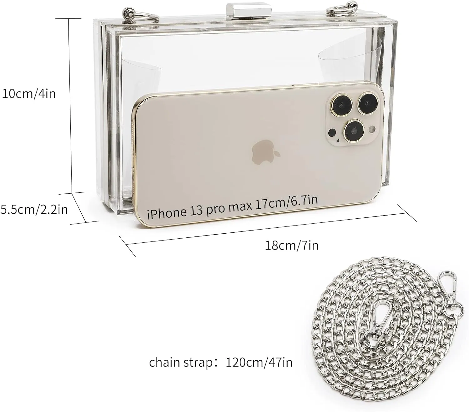 Women Cute Clear Purse Acrylic Box Clutch Handbag, Transparent Crossbody Evening Bag Stadium Approved Chain Strap