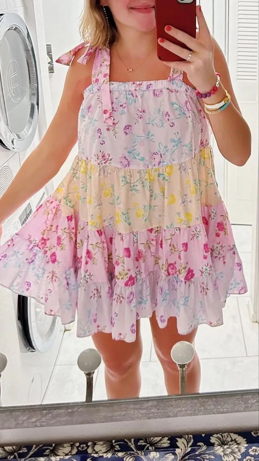 Women Floral Tie Shoulder Mini Dress Cute Square Neck Loose Fit Beach Short Dress Boho Summer Vocation Sundress