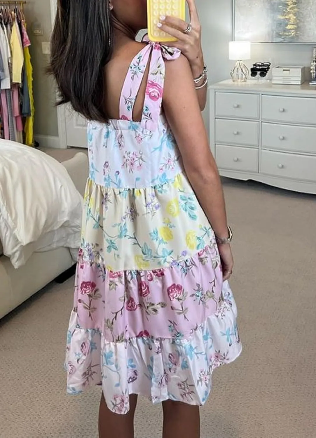 Women Floral Tie Shoulder Mini Dress Cute Square Neck Loose Fit Beach Short Dress Boho Summer Vocation Sundress