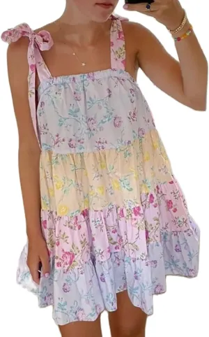 Women Floral Tie Shoulder Mini Dress Cute Square Neck Loose Fit Beach Short Dress Boho Summer Vocation Sundress