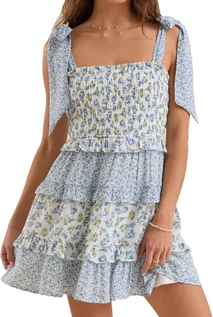 Women Floral Tie Shoulder Mini Dress Cute Square Neck Loose Fit Beach Short Dress Boho Summer Vocation Sundress