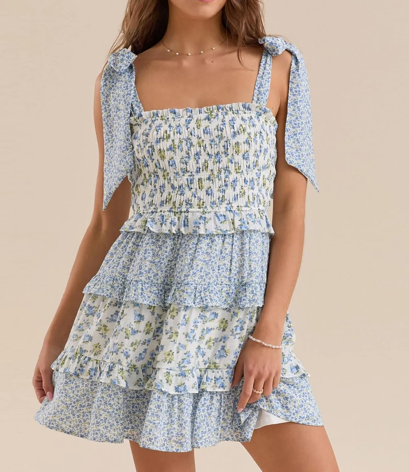 Women Floral Tie Shoulder Mini Dress Cute Square Neck Loose Fit Beach Short Dress Boho Summer Vocation Sundress