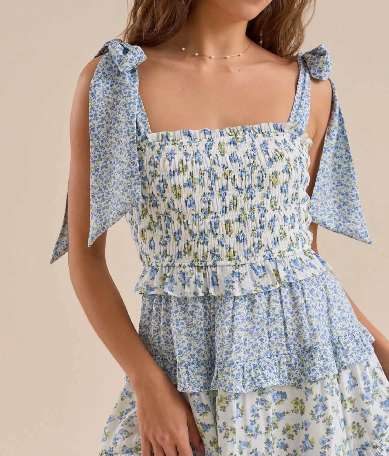 Women Floral Tie Shoulder Mini Dress Cute Square Neck Loose Fit Beach Short Dress Boho Summer Vocation Sundress