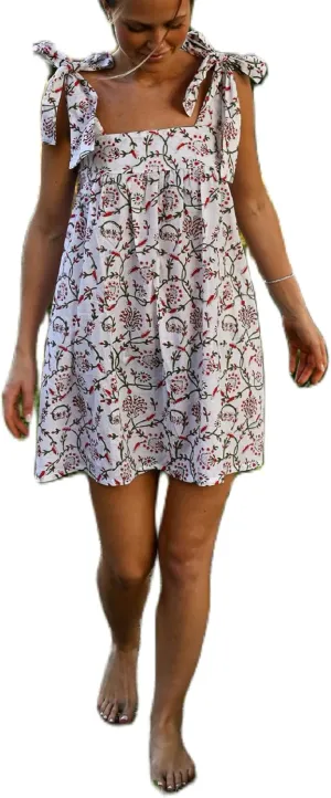 Women Floral Tie Shoulder Mini Dress Cute Square Neck Loose Fit Beach Short Dress Boho Summer Vocation Sundress