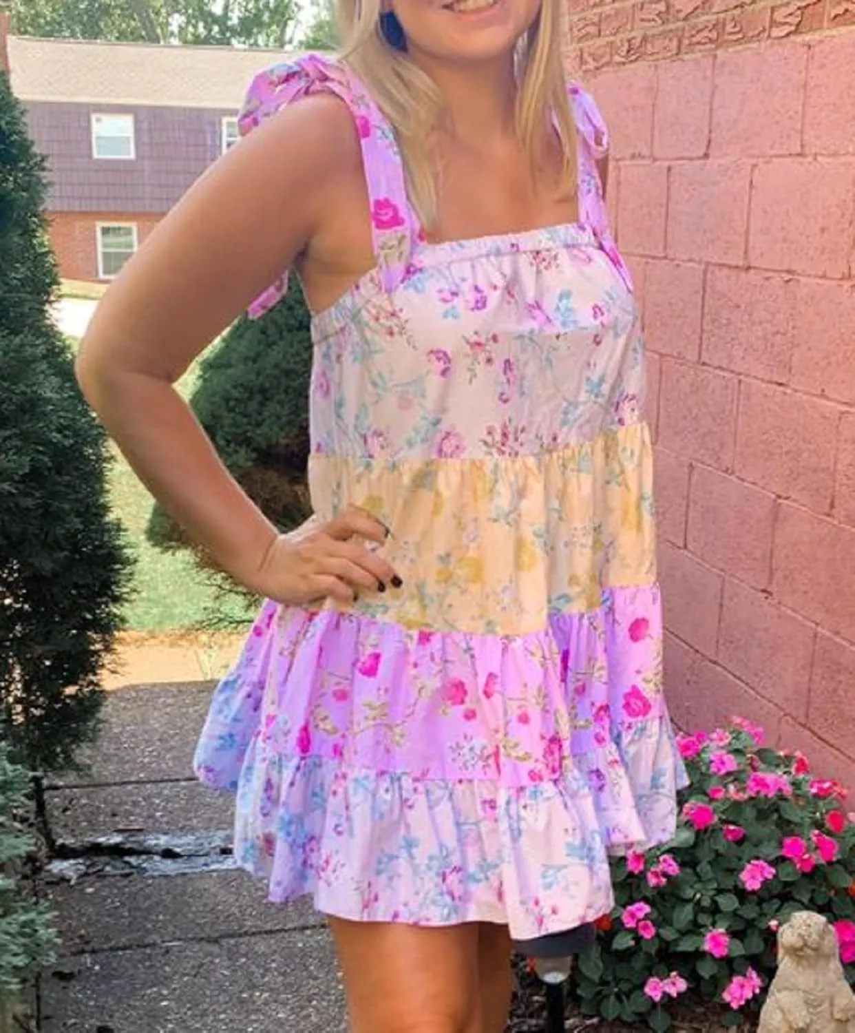 Women Floral Tie Shoulder Mini Dress Cute Square Neck Loose Fit Beach Short Dress Boho Summer Vocation Sundress