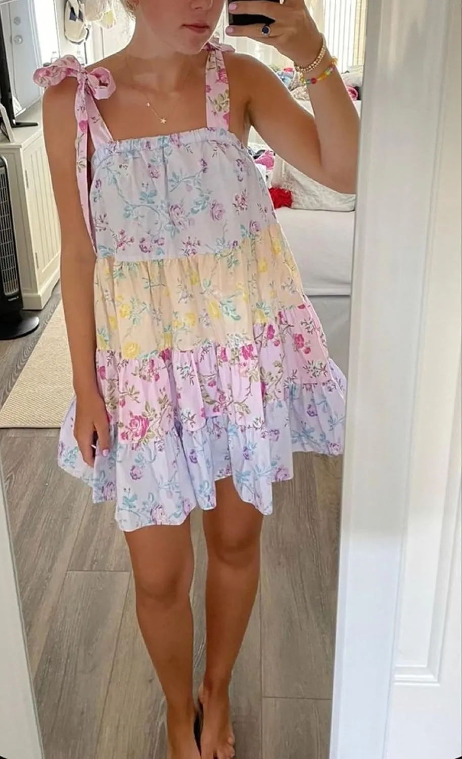 Women Floral Tie Shoulder Mini Dress Cute Square Neck Loose Fit Beach Short Dress Boho Summer Vocation Sundress