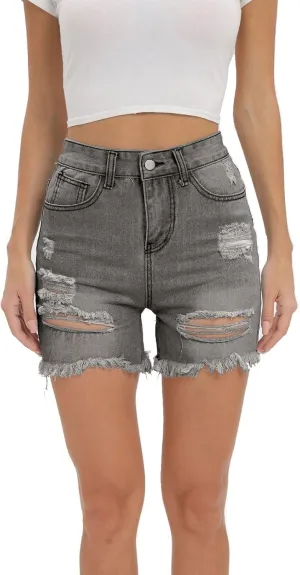 Women High Waisted Shorts Skinny Stretchy Denim Short Casual Summer Frayed Raw Hem Distressed Ripped Short Jeans