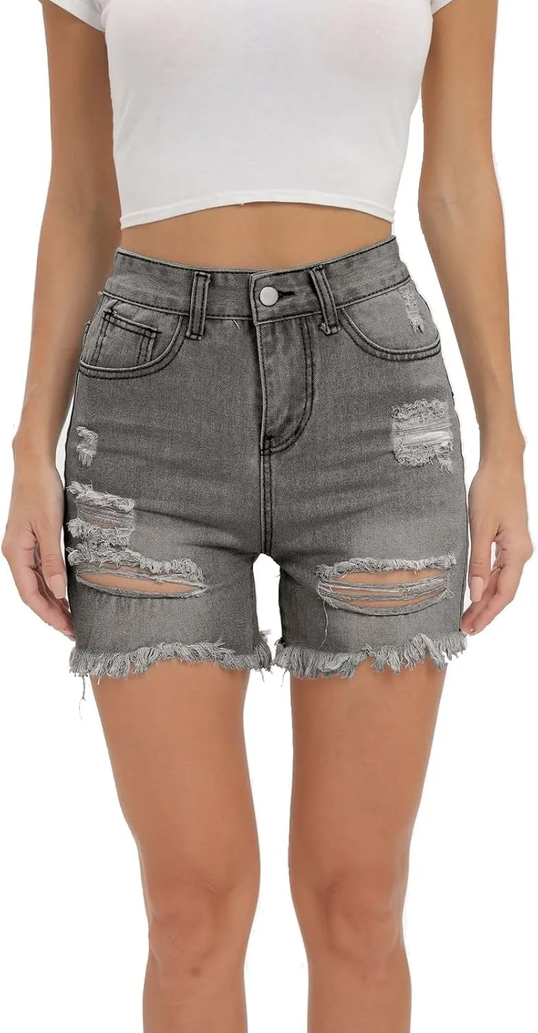 Women High Waisted Shorts Skinny Stretchy Denim Short Casual Summer Frayed Raw Hem Distressed Ripped Short Jeans