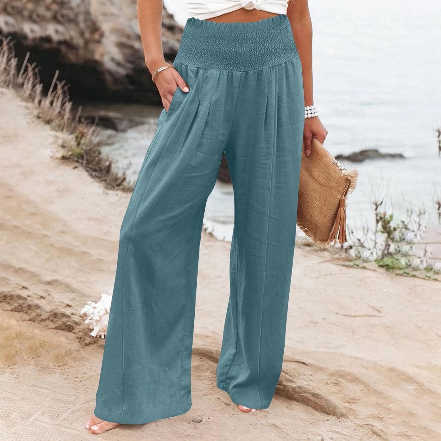 Women Linen Blend Summer Solid Pants Elastic Waist Baggy Stretchy Loose Fit Pant Trousers Business Work