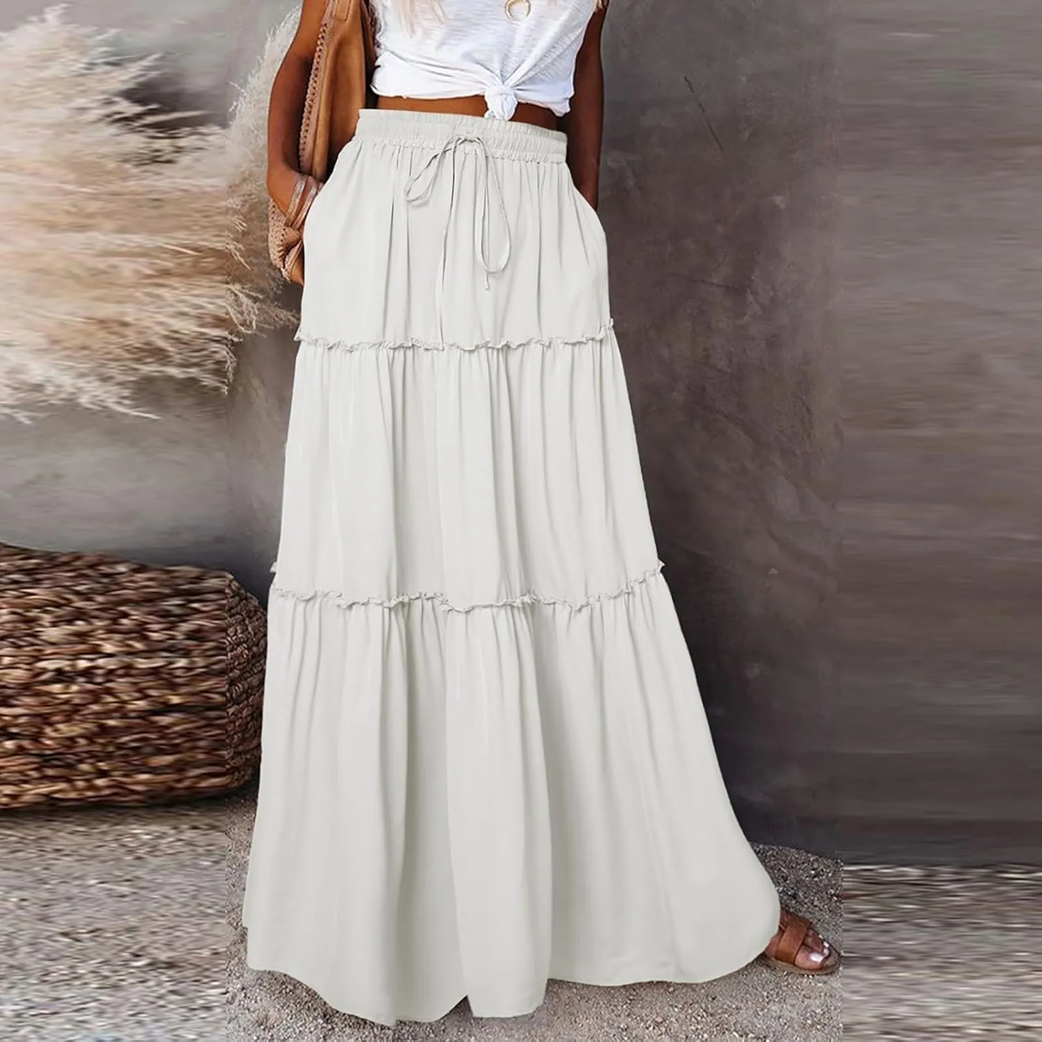 Women Maxi Skirt Casual High Waisted A Line Flowy Long Skirts Pleated Ruffle Tiered Boho Beach Skirts with Pockets