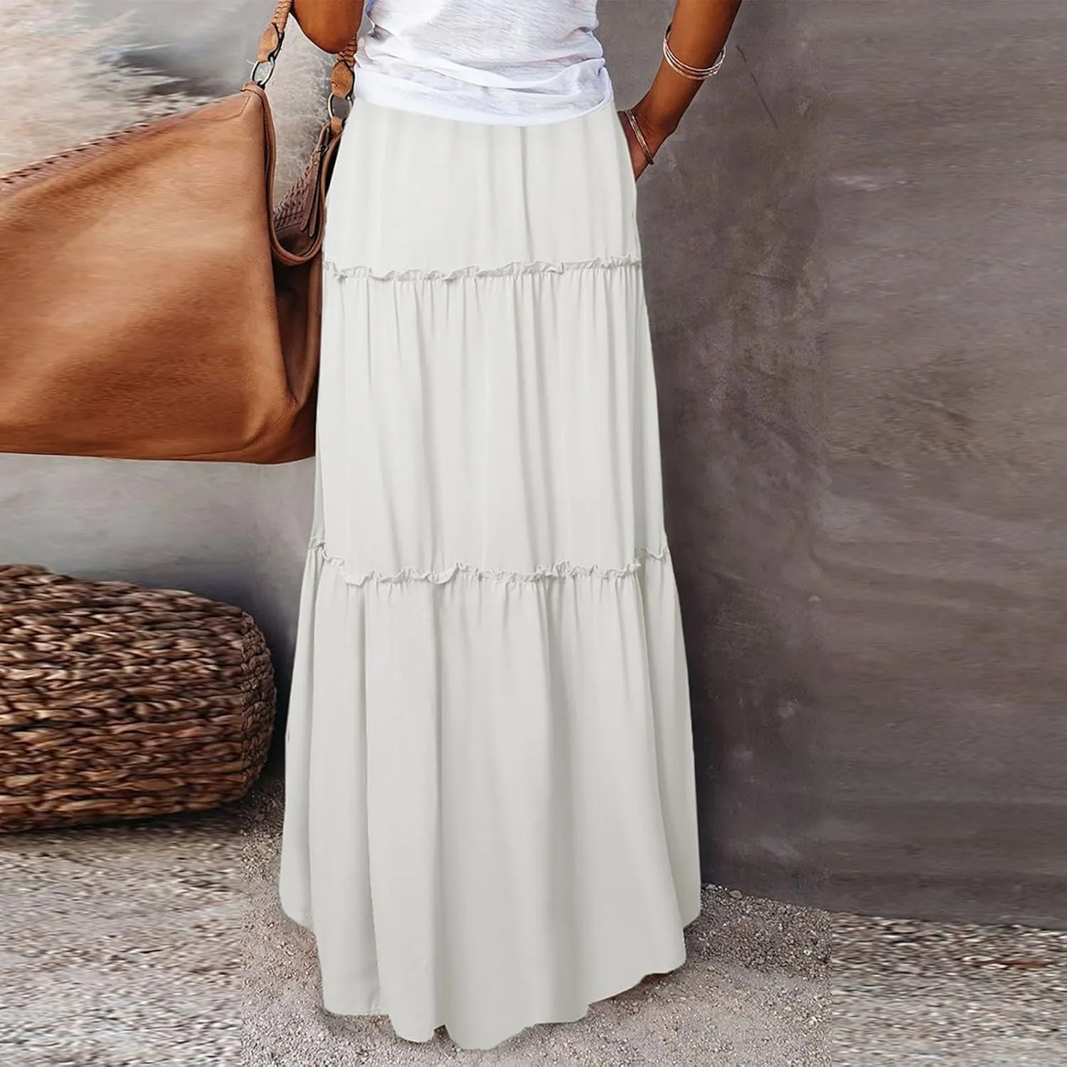 Women Maxi Skirt Casual High Waisted A Line Flowy Long Skirts Pleated Ruffle Tiered Boho Beach Skirts with Pockets