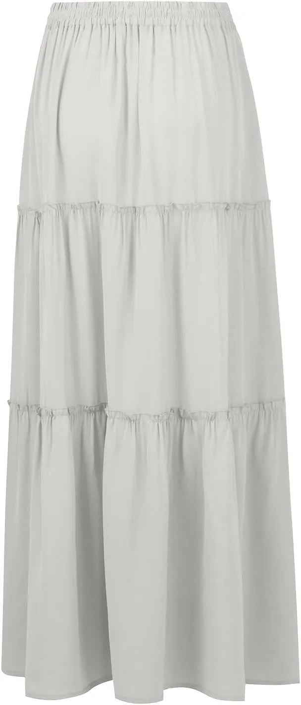 Women Maxi Skirt Casual High Waisted A Line Flowy Long Skirts Pleated Ruffle Tiered Boho Beach Skirts with Pockets
