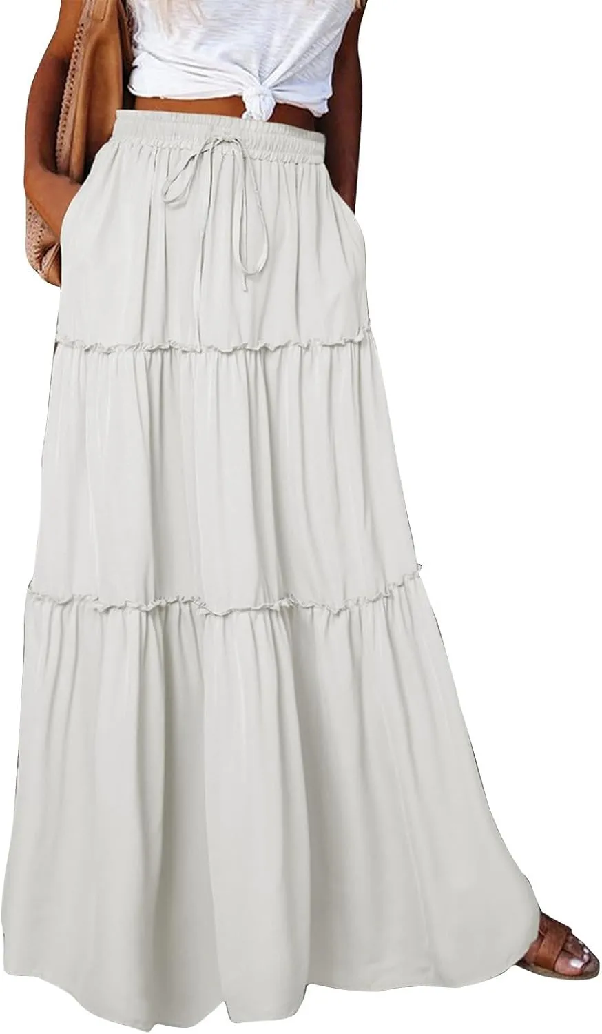 Women Maxi Skirt Casual High Waisted A Line Flowy Long Skirts Pleated Ruffle Tiered Boho Beach Skirts with Pockets