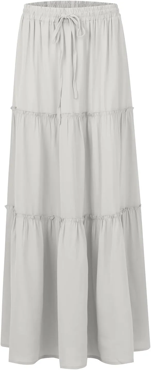 Women Maxi Skirt Casual High Waisted A Line Flowy Long Skirts Pleated Ruffle Tiered Boho Beach Skirts with Pockets