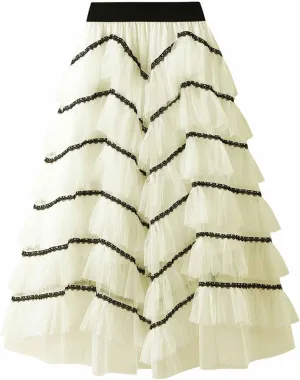 Women Mid Length Skirt Dance Party A Line High Waisted Lace Tulle Tiered Skirt Holiday Party Costume Fall Mini