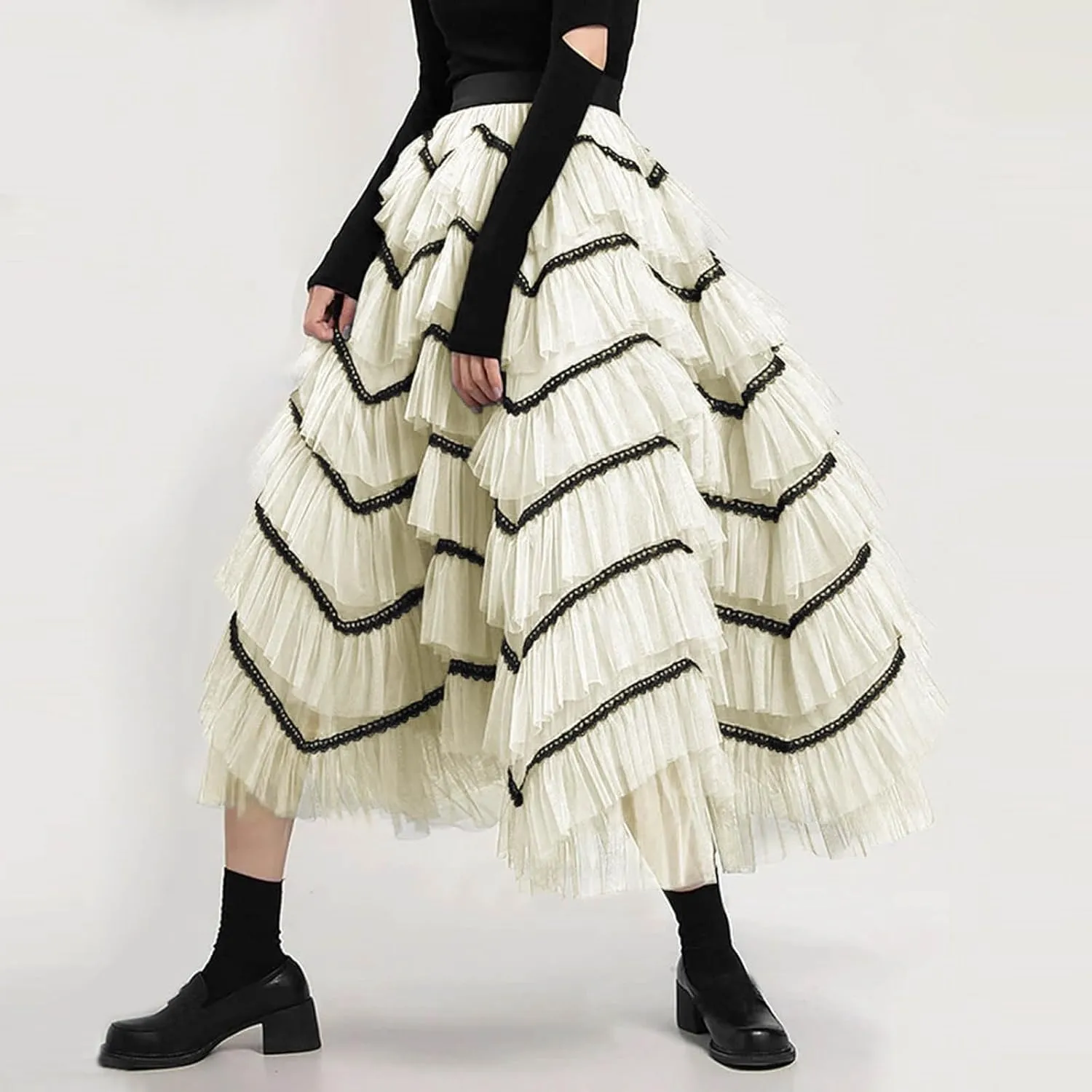 Women Mid Length Skirt Dance Party A Line High Waisted Lace Tulle Tiered Skirt Holiday Party Costume Fall Mini