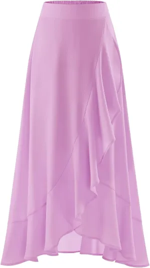 Women Midi Skirt Ruffle 2025 Summer Skirts Flowy Elastic Waist Chiffon Casual Split Long Skirt with Lining