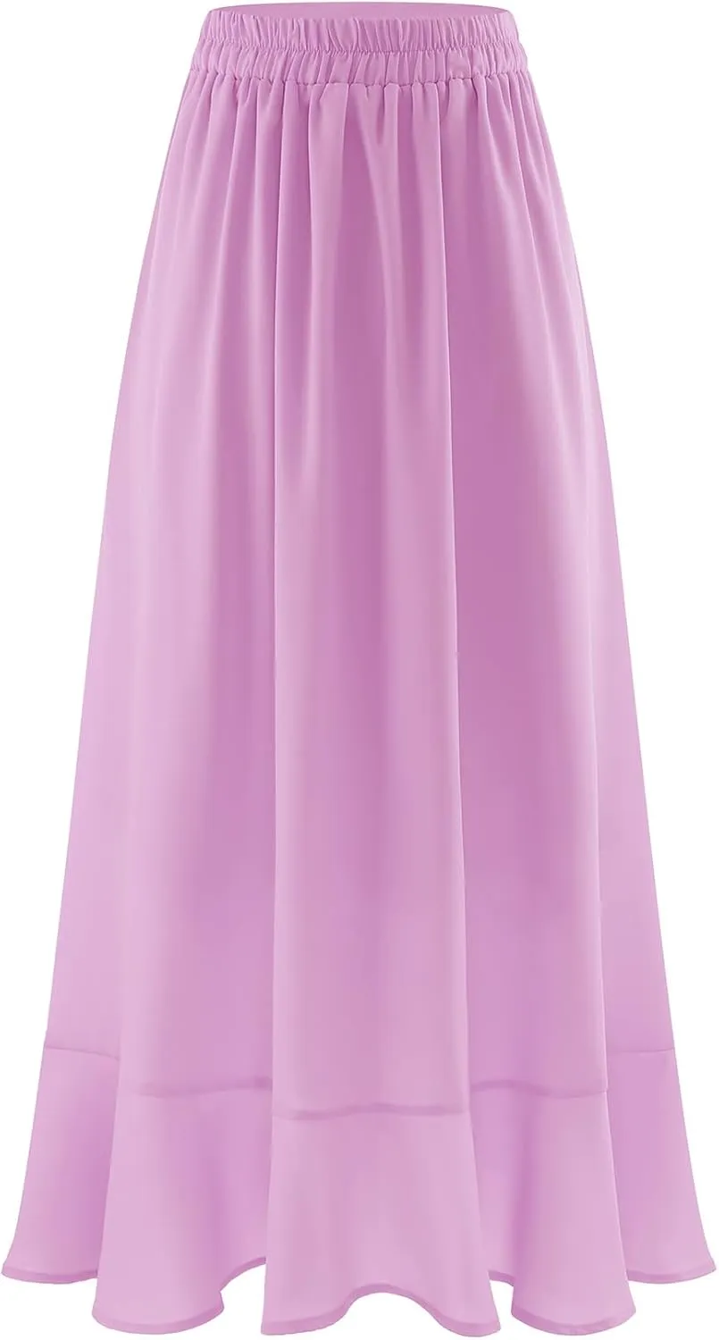 Women Midi Skirt Ruffle 2025 Summer Skirts Flowy Elastic Waist Chiffon Casual Split Long Skirt with Lining