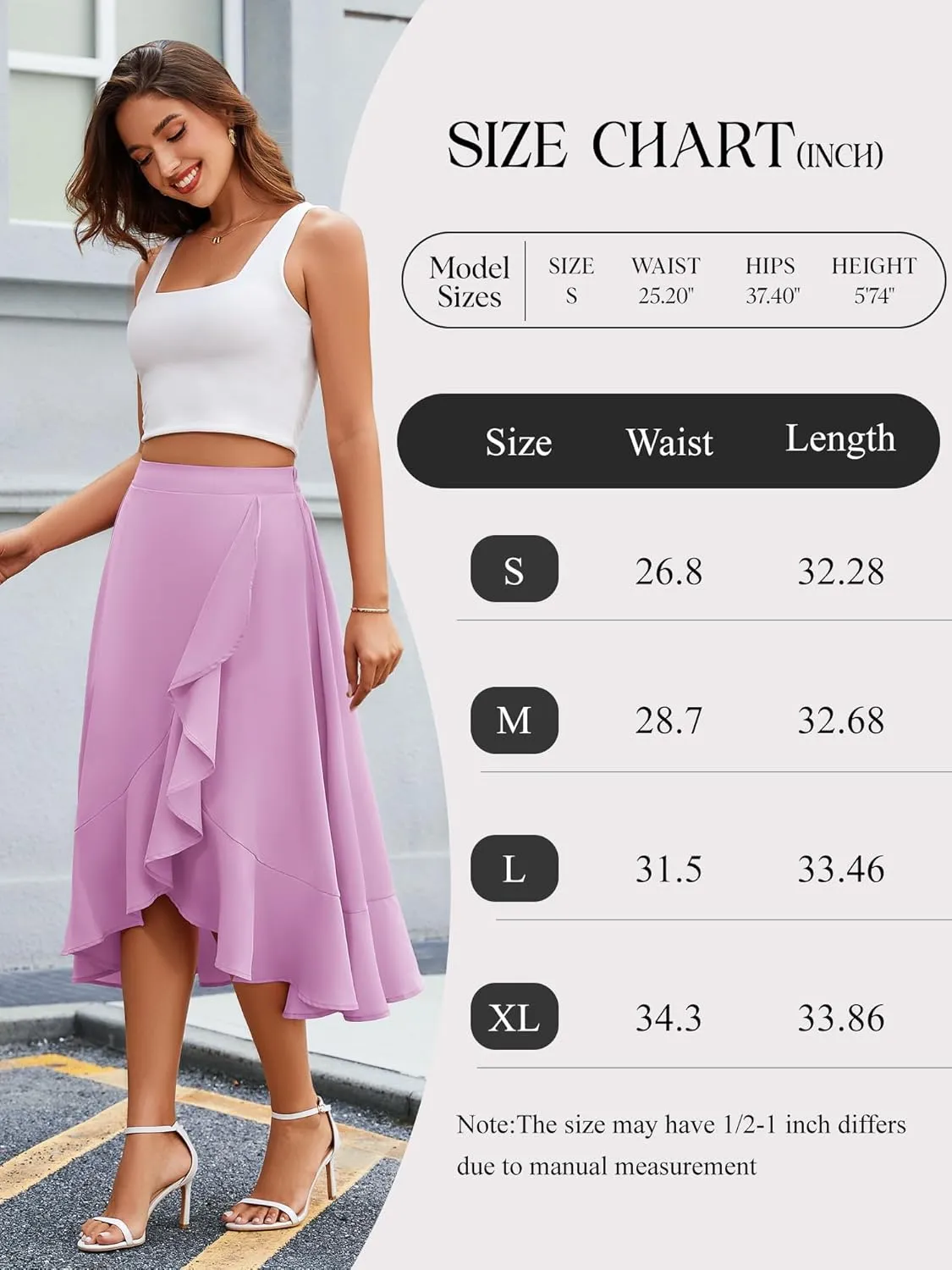 Women Midi Skirt Ruffle 2025 Summer Skirts Flowy Elastic Waist Chiffon Casual Split Long Skirt with Lining