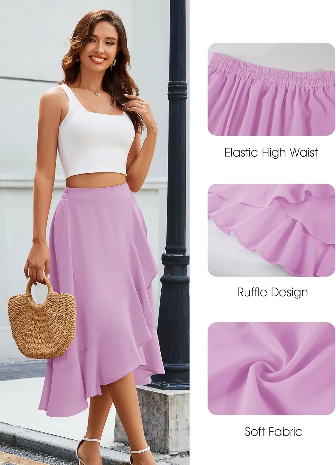 Women Midi Skirt Ruffle 2025 Summer Skirts Flowy Elastic Waist Chiffon Casual Split Long Skirt with Lining