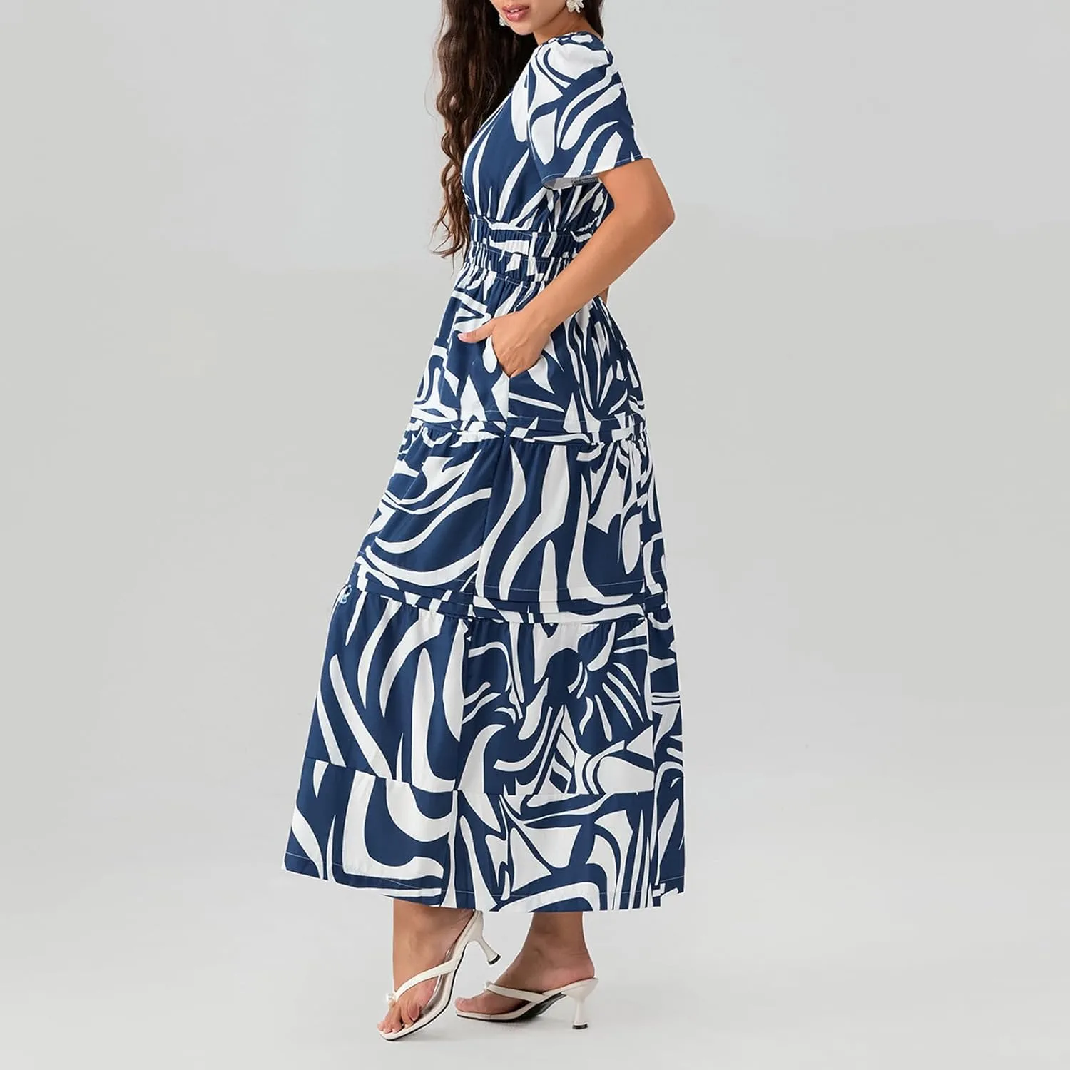 Women Summer Boho Maxi Dress Smocked Waist V-Neck Short Sleeve Tiered Flowy Dresses Beach Sundress Clubwear