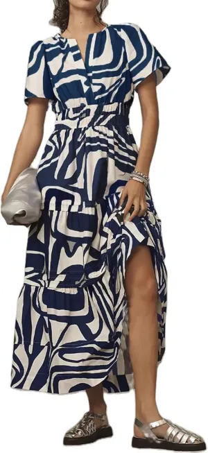 Women Summer Boho Maxi Dress Smocked Waist V-Neck Short Sleeve Tiered Flowy Dresses Beach Sundress Clubwear