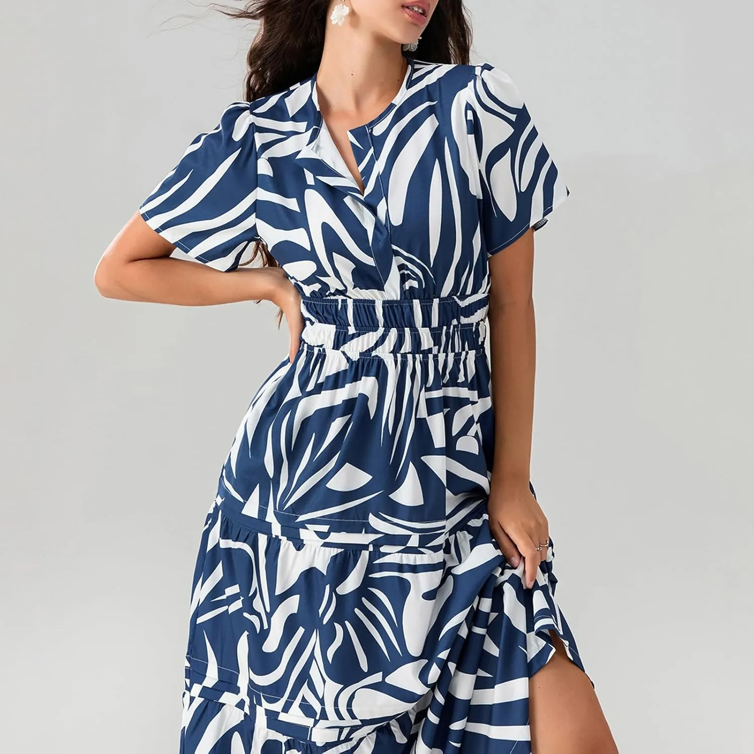 Women Summer Boho Maxi Dress Smocked Waist V-Neck Short Sleeve Tiered Flowy Dresses Beach Sundress Clubwear