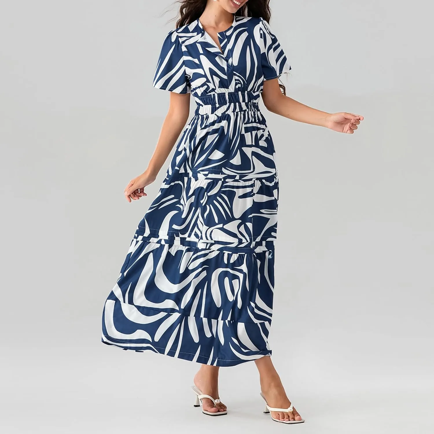 Women Summer Boho Maxi Dress Smocked Waist V-Neck Short Sleeve Tiered Flowy Dresses Beach Sundress Clubwear