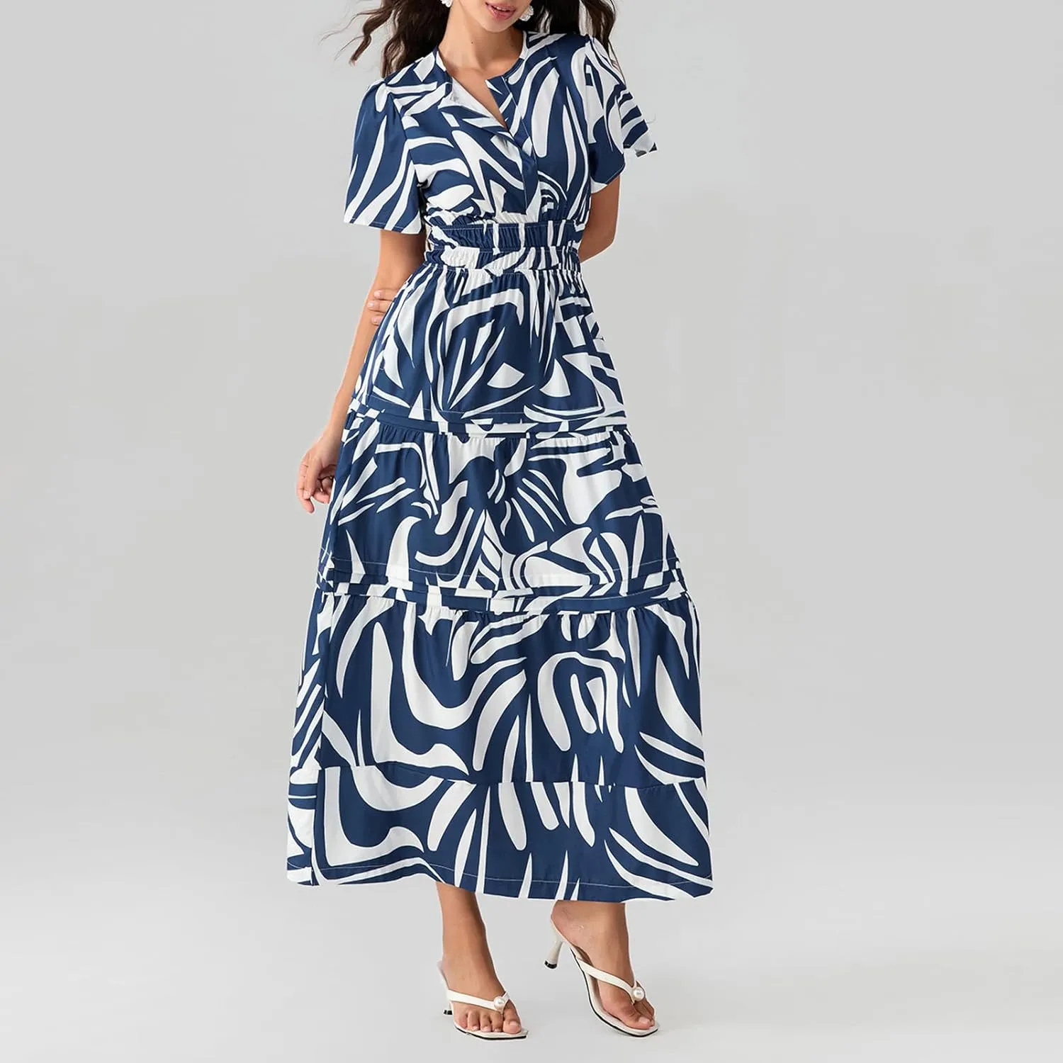 Women Summer Boho Maxi Dress Smocked Waist V-Neck Short Sleeve Tiered Flowy Dresses Beach Sundress Clubwear