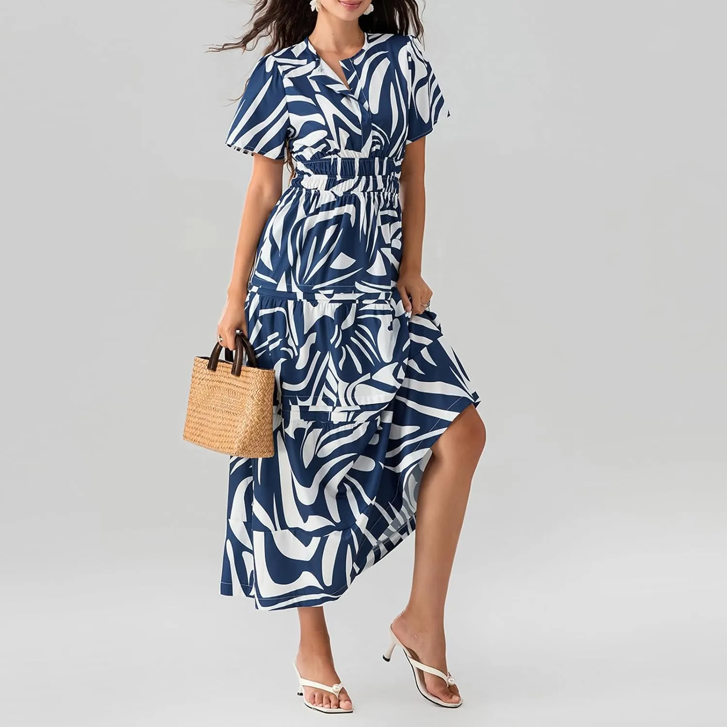 Women Summer Boho Maxi Dress Smocked Waist V-Neck Short Sleeve Tiered Flowy Dresses Beach Sundress Clubwear