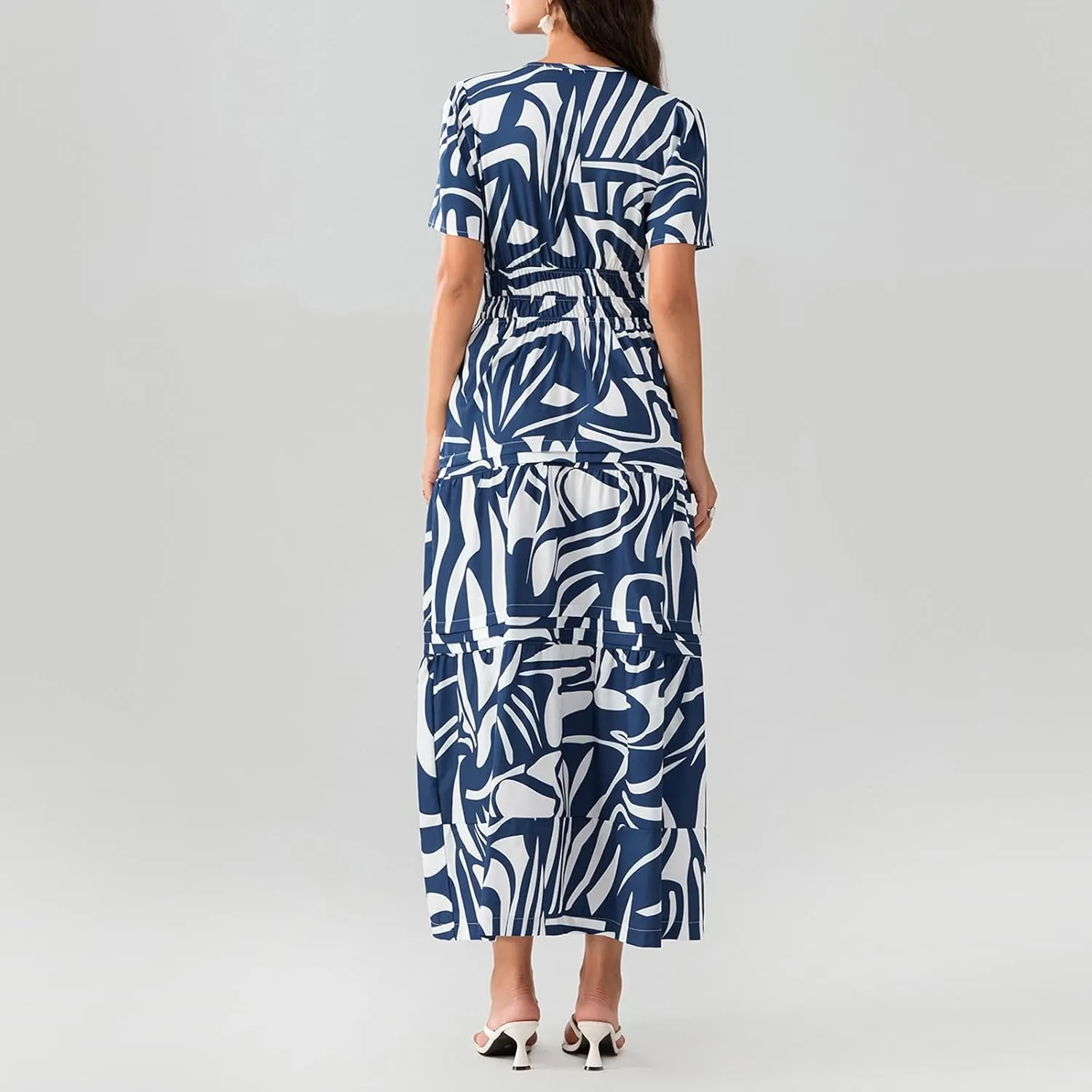 Women Summer Boho Maxi Dress Smocked Waist V-Neck Short Sleeve Tiered Flowy Dresses Beach Sundress Clubwear