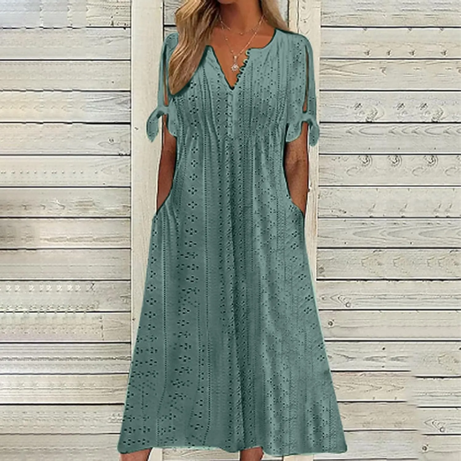Women Summer Ruffle Hem Floral Lace Eyelet Dress Casual Notch Neck Midi Tunic Dress with Pockets