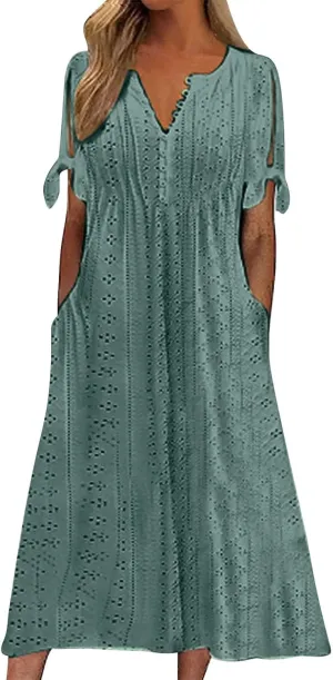 Women Summer Ruffle Hem Floral Lace Eyelet Dress Casual Notch Neck Midi Tunic Dress with Pockets