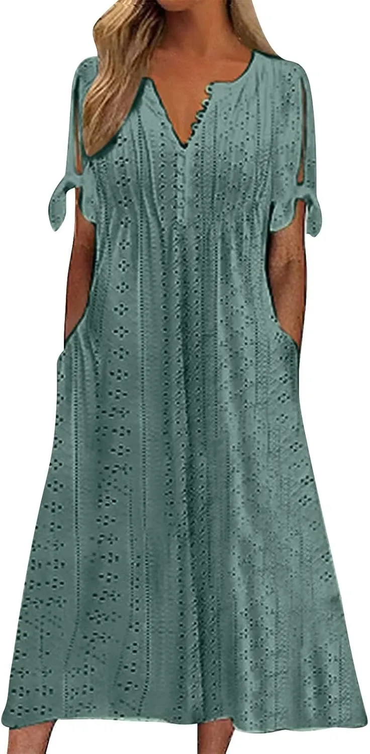 Women Summer Ruffle Hem Floral Lace Eyelet Dress Casual Notch Neck Midi Tunic Dress with Pockets