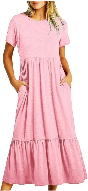 Women Summer Ruffle Hem Floral Lace Eyelet Dress Short Sleeve Casual Round Neck Midi Flowy Tunic Dress with Pockets