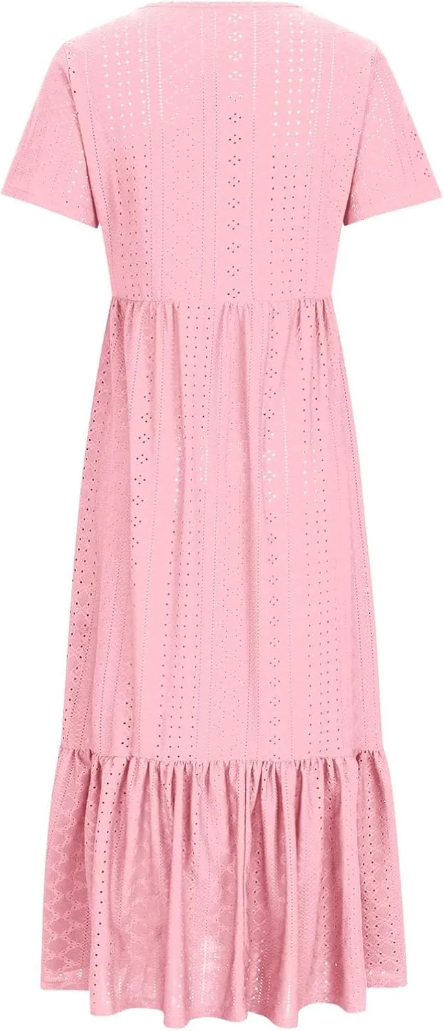 Women Summer Ruffle Hem Floral Lace Eyelet Dress Short Sleeve Casual Round Neck Midi Flowy Tunic Dress with Pockets