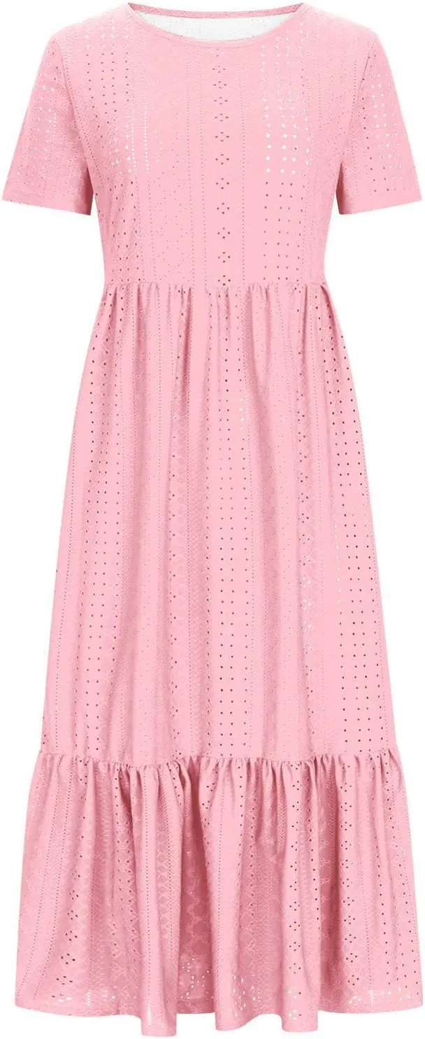 Women Summer Ruffle Hem Floral Lace Eyelet Dress Short Sleeve Casual Round Neck Midi Flowy Tunic Dress with Pockets