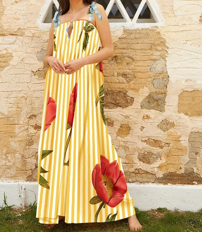 Women Tie Shoulder Floral Boho Maxi Dress Sleeveless Flowy Tiered A Line Dress Summer Vocation Graffiti Beach Sundress