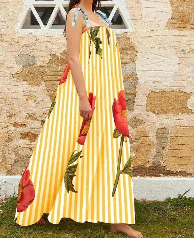 Women Tie Shoulder Floral Boho Maxi Dress Sleeveless Flowy Tiered A Line Dress Summer Vocation Graffiti Beach Sundress